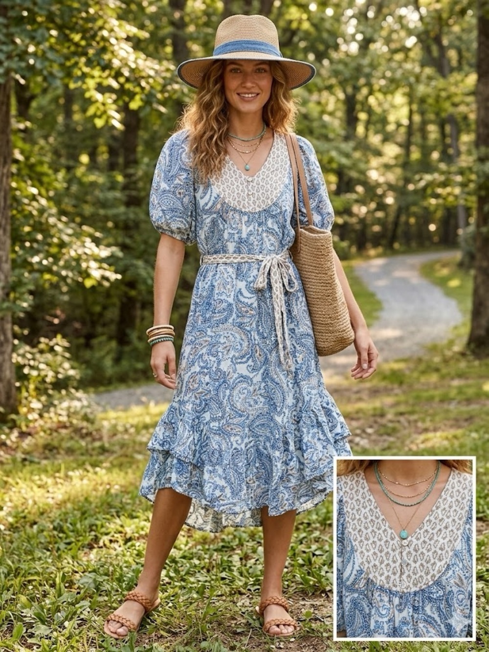 Lucky Brand Blue Paisley V-Neck Tiered Midi Dress with Tie Waist